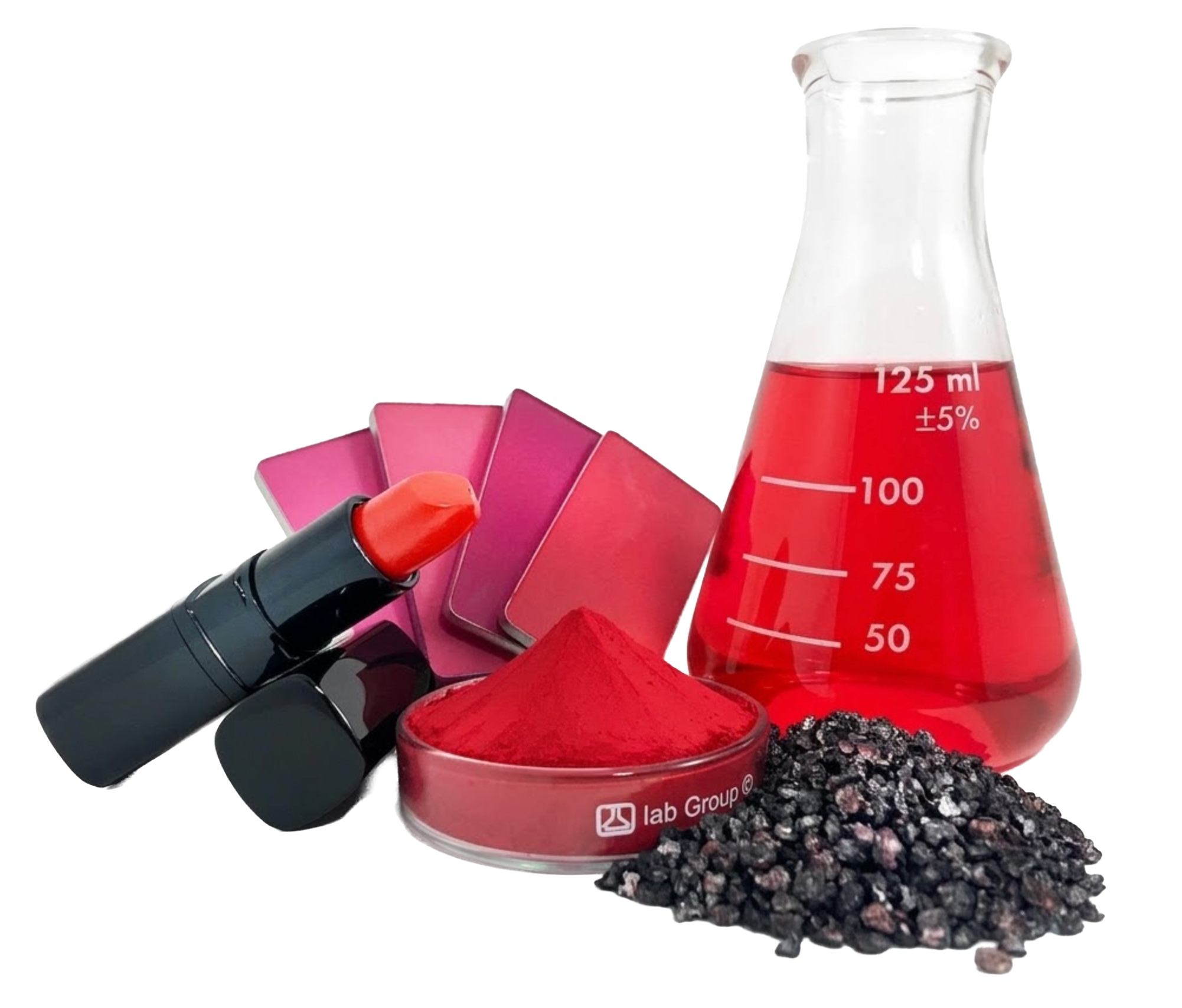 A professional lab composition featuring a flask of liquid Carmine red colorant next to high-end red lipsticks, showcasing BioconColors natural pigments for the cosmetics industry.