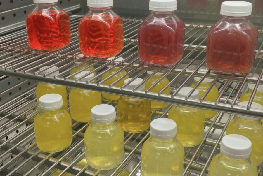 Laboratory bottles containing yellow and red natural colorant liquids inside a specialized UV stability testing machine. This image demonstrates the lightfastness analysis performed by BioconColors. Engineering Success through Science-Driven Natural Colors