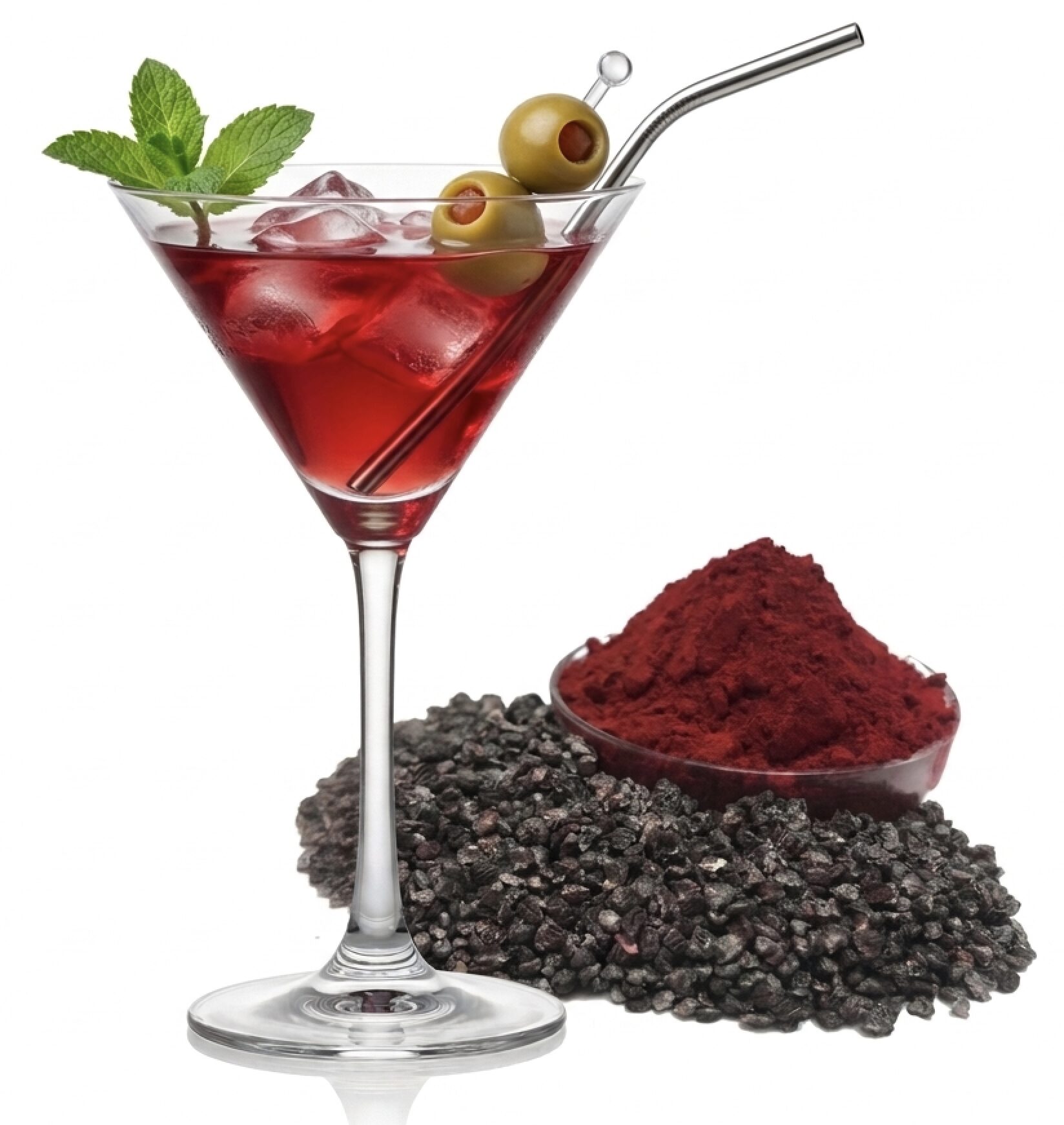 A sophisticated red cocktail in a stemmed glass next to a pile of natural Carmine pigment, demonstrating BioconColors' high-purity red colorant solutions for the beverage industry.